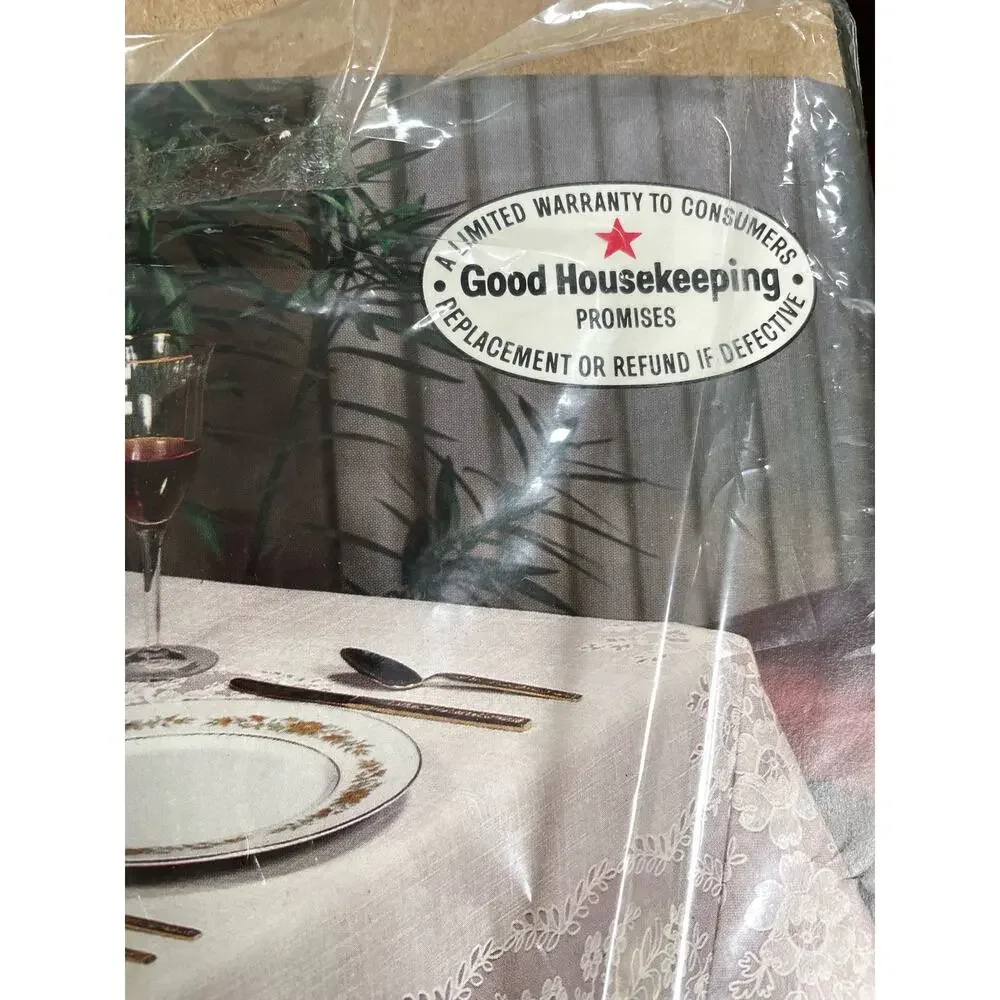 Vintage Vytex Tablecloth 60”x90” Oval Beige Vinyl Lace Melody New Granny Core